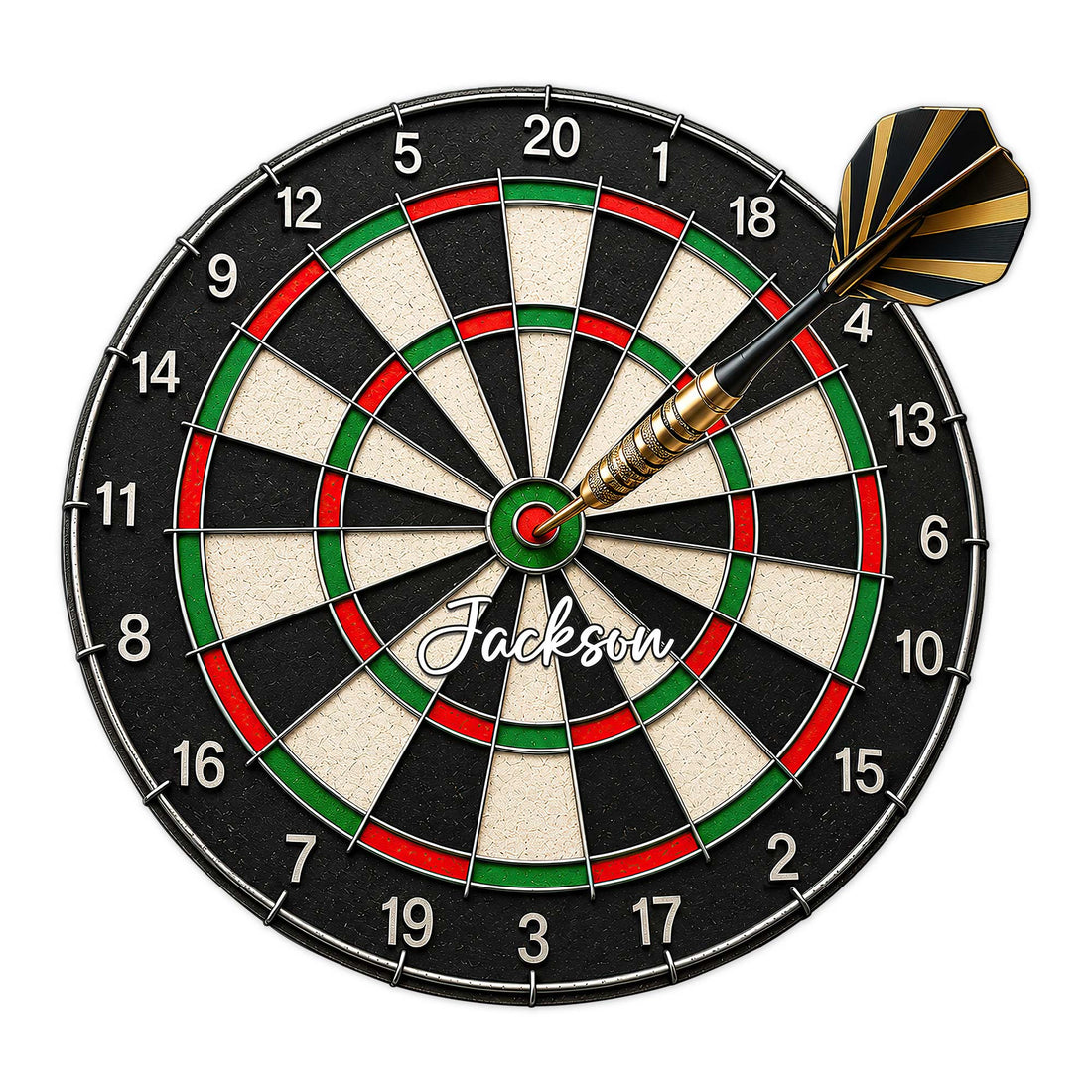 Custom dart board metal sign with a black, red, and green target and a gold-accented dart