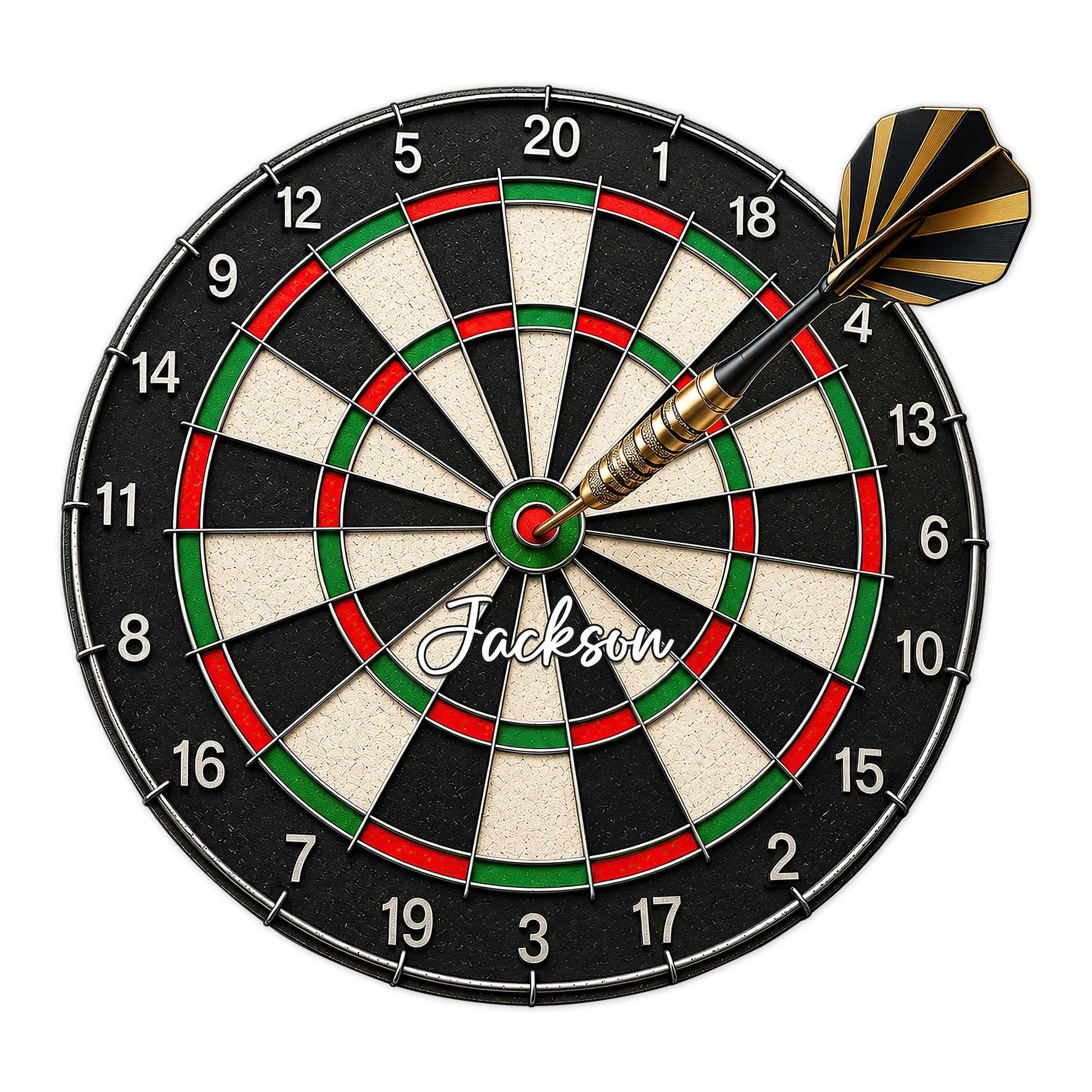Custom dart board metal sign with a black, red, and green target and a gold-accented dart