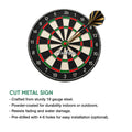 Dart board metal sign shown with a dart and feature details for game room wall decor