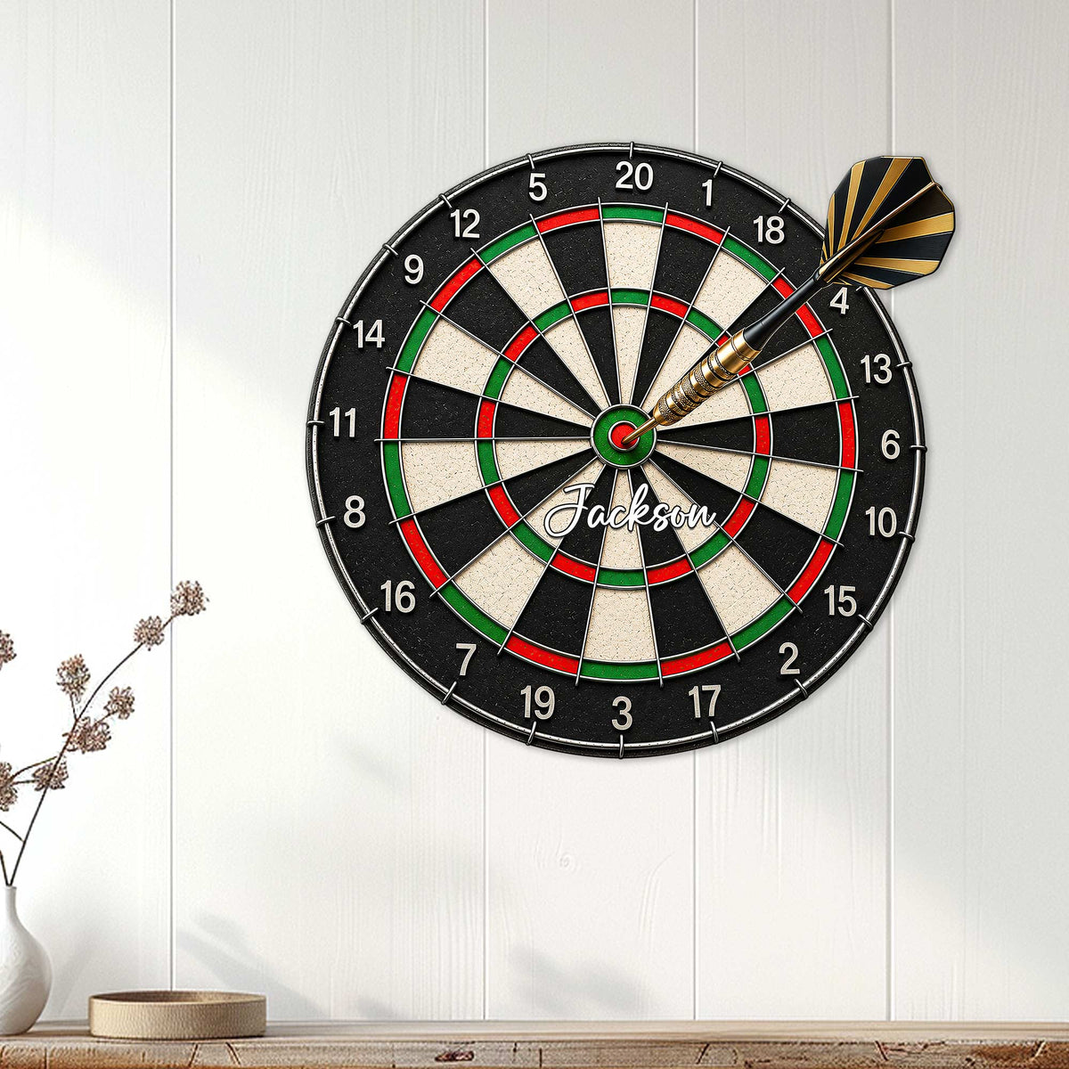 Dart board wall sign displayed on white paneling as game room or home bar decor