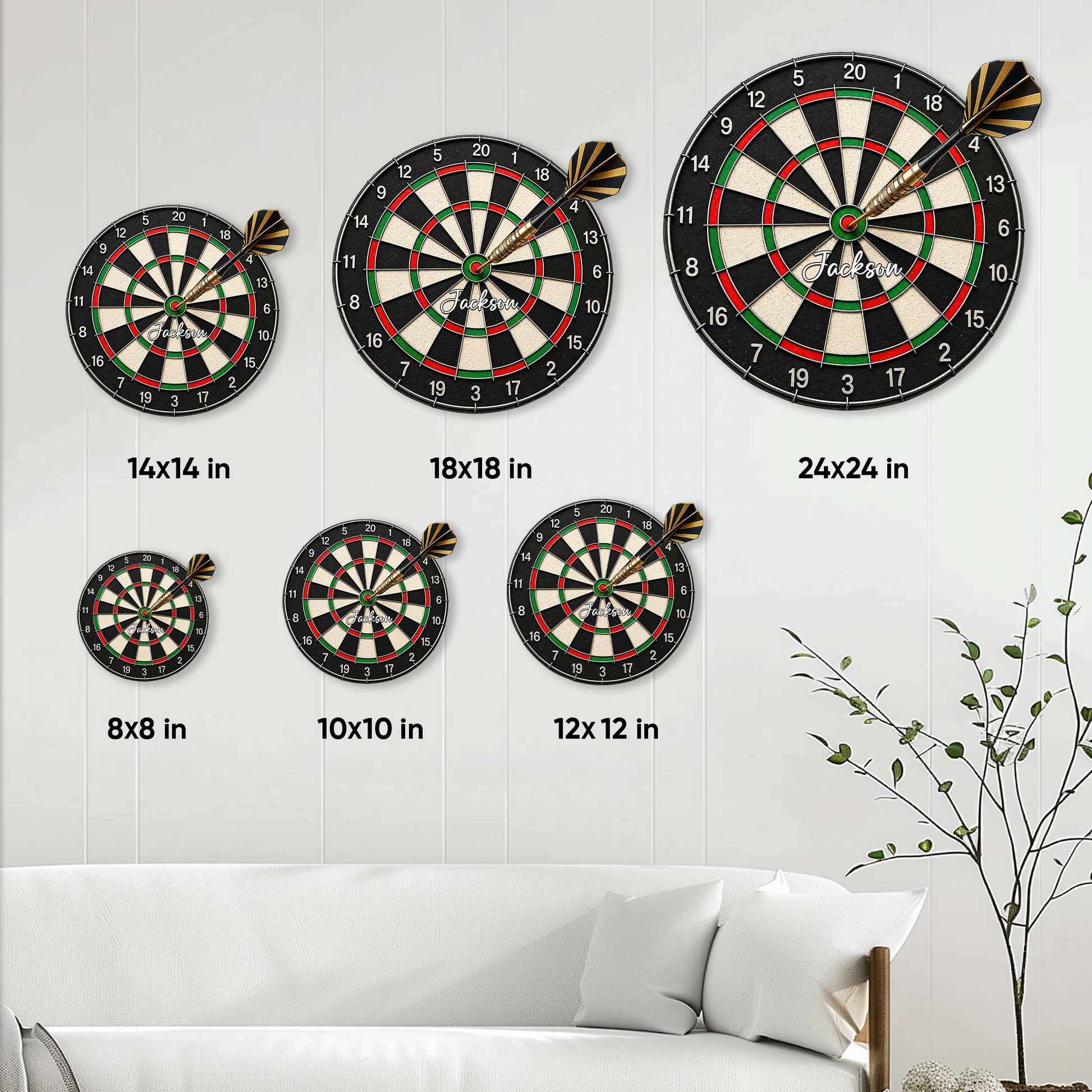 Dart board metal sign size guide showing available 8, 10, 12, 14, 18, and 24 inch options