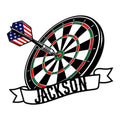 Custom dart board metal sign featuring a bullseye, flying dart, patriotic colors, and banner-style design