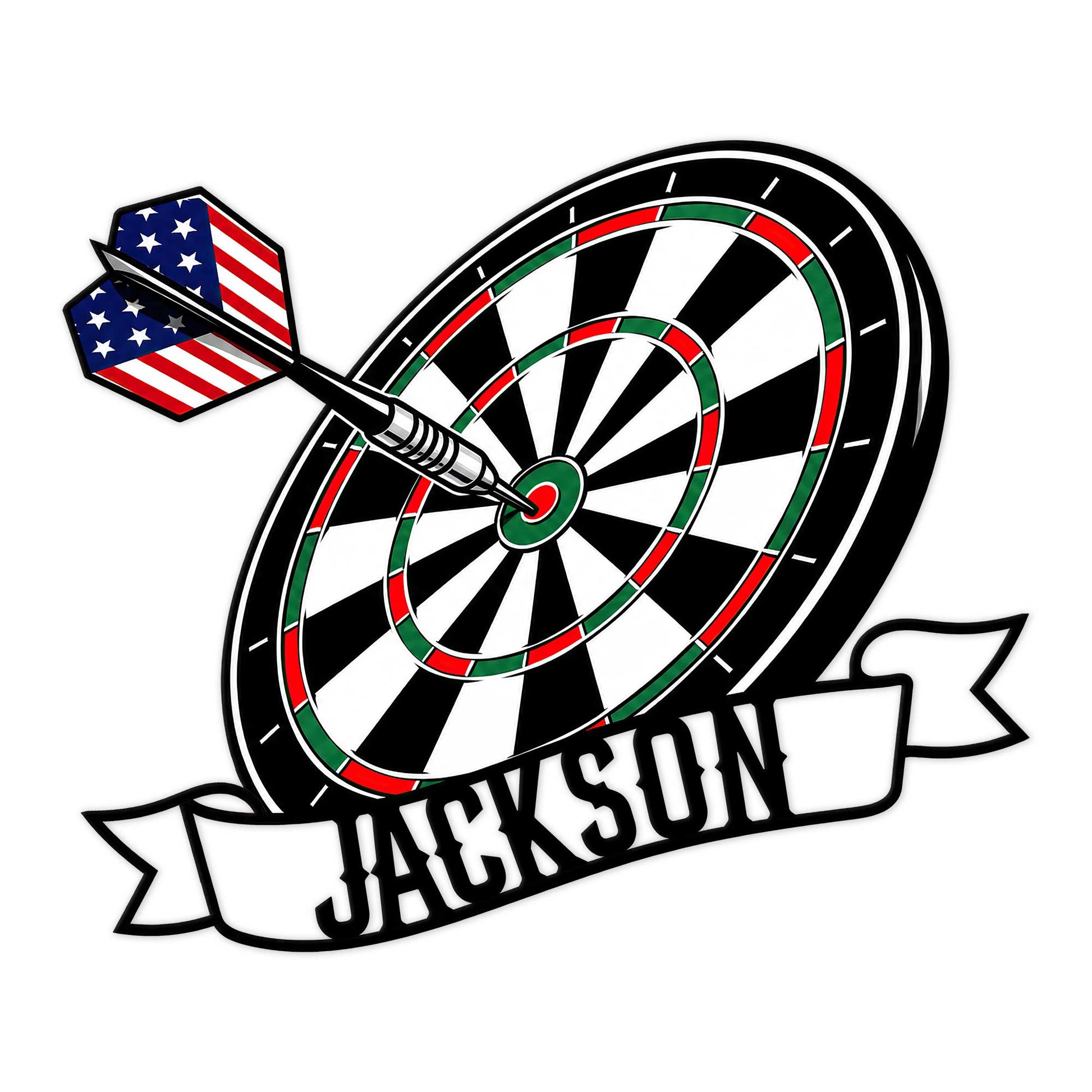 Custom dart board metal sign featuring a bullseye, flying dart, patriotic colors, and banner-style design