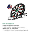 Dart board metal sign feature graphic showing the patriotic target design and cut metal sign presentation