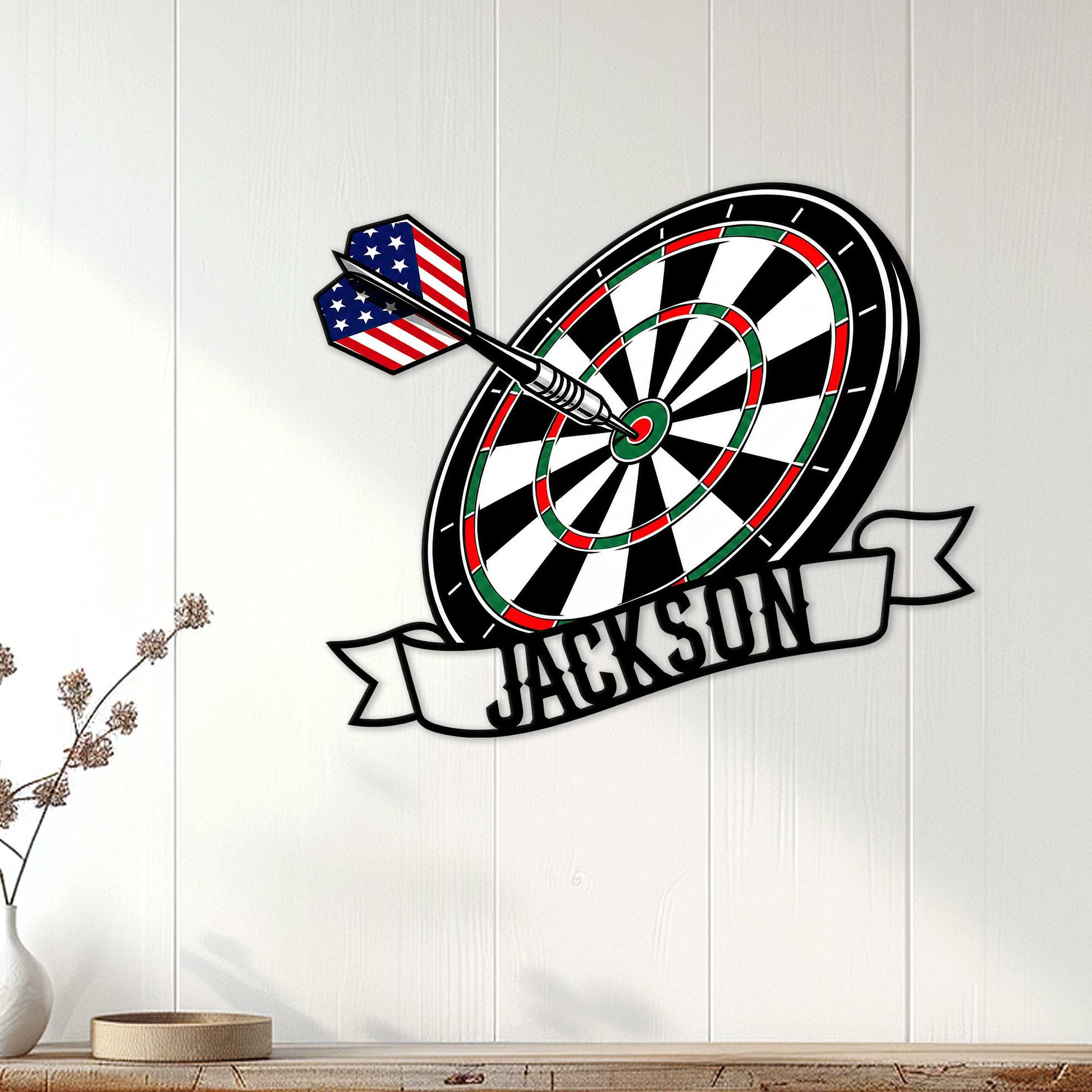 Patriotic dart board wall sign displayed on a light wood wall in a stylish game room or home bar