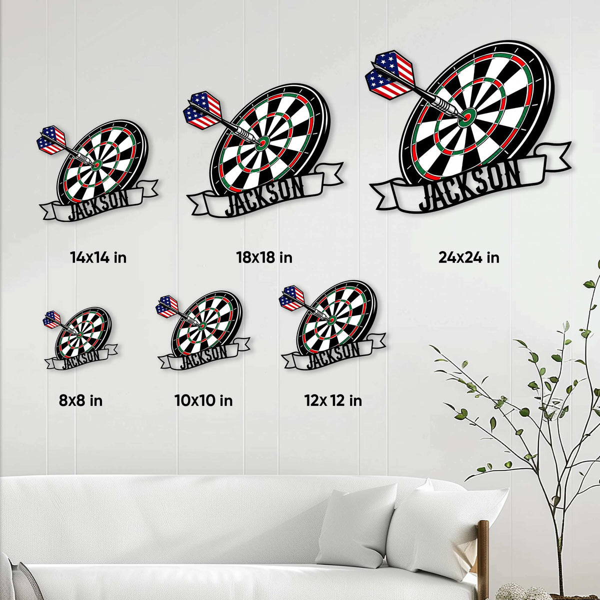 Dart board metal sign size guide displaying multiple size options for game rooms, bars, and hobby spaces