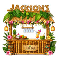 Custom tiki bar metal sign featuring a tropical hut, palm leaves, flowers, cocktails, fruit, and tiki masks