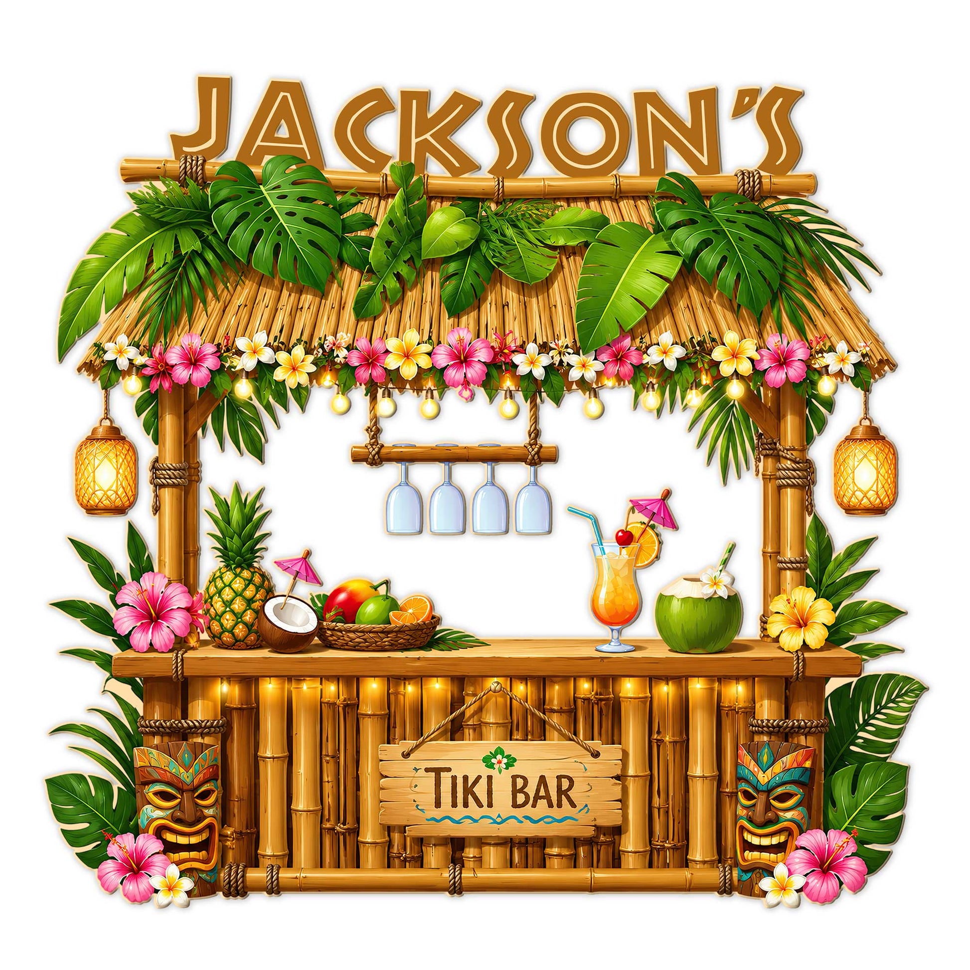 Custom tiki bar metal sign featuring a tropical hut, palm leaves, flowers, cocktails, fruit, and tiki masks