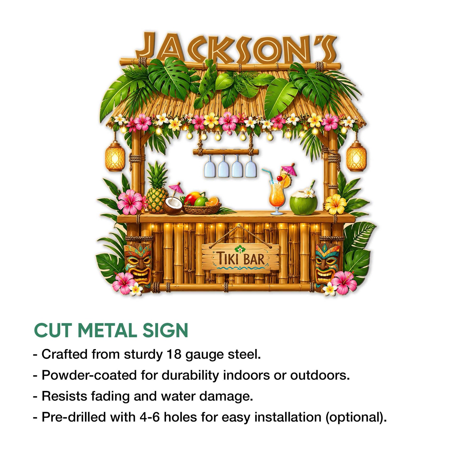 Tiki bar metal sign shown as a cut metal design with tropical foliage, hanging glasses, lanterns, and island drinks