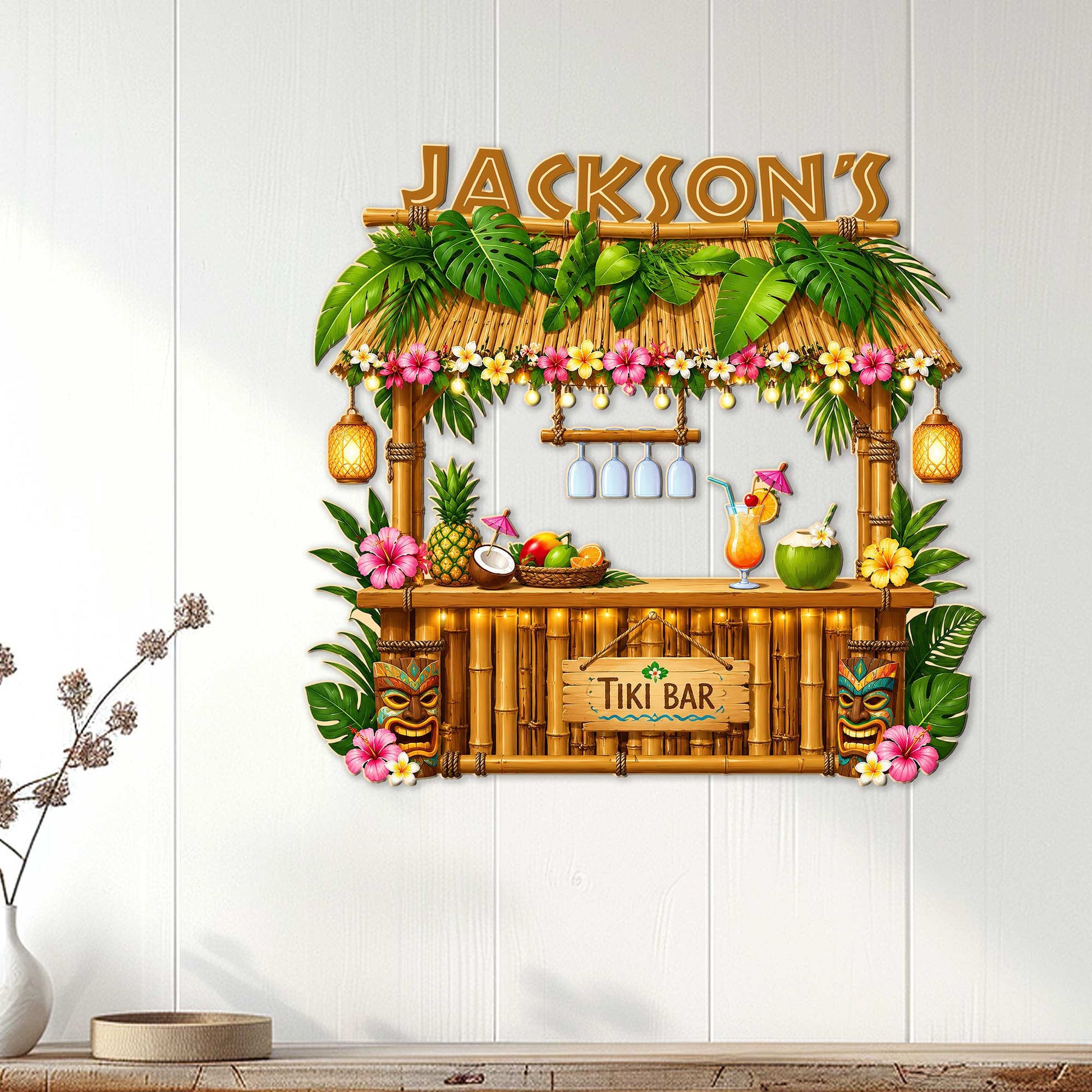 Tropical tiki bar wall sign displayed on a light wood wall as colorful home bar decor