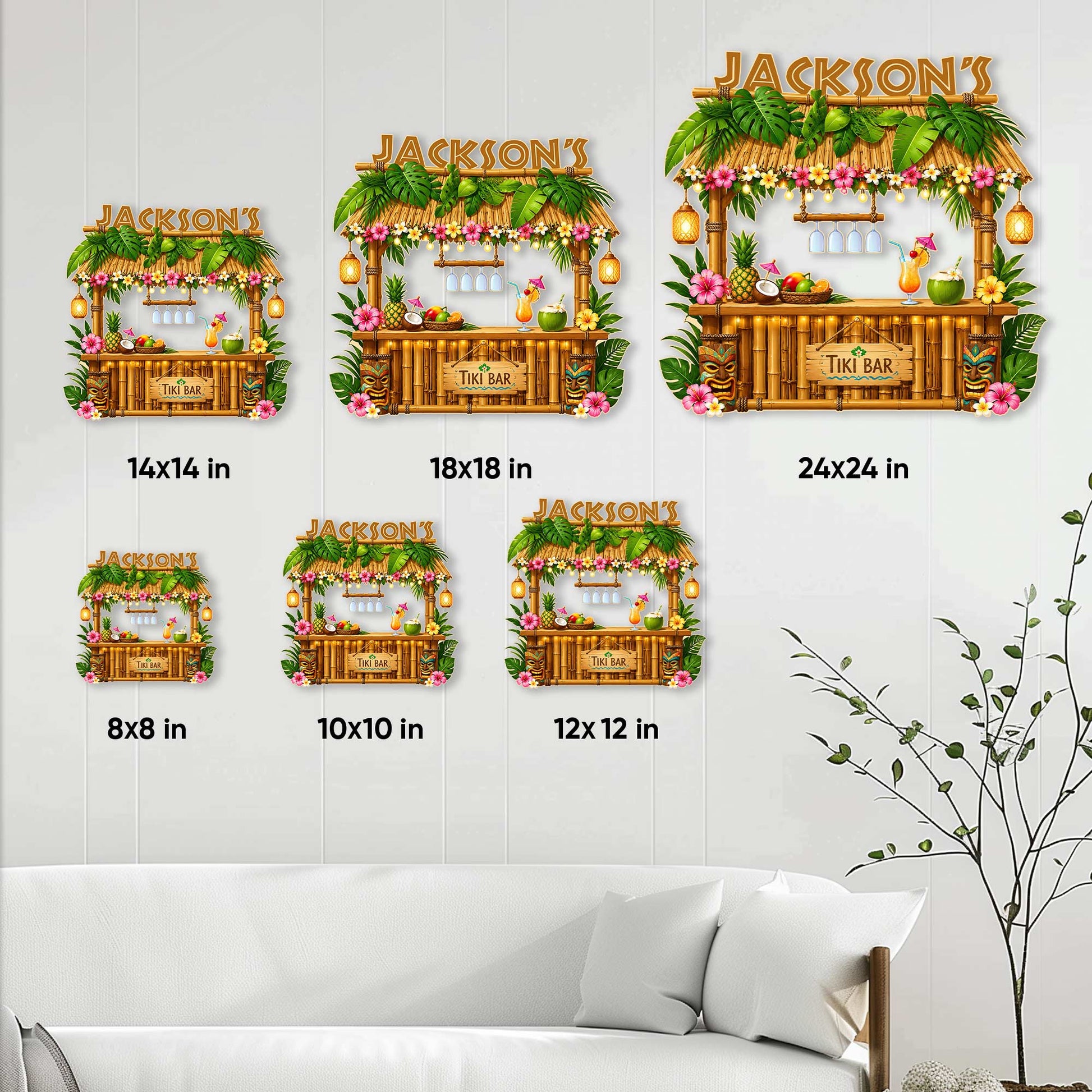 Tiki bar sign size guide showing available square dimensions from 8 by 8 to 24 by 24 inches