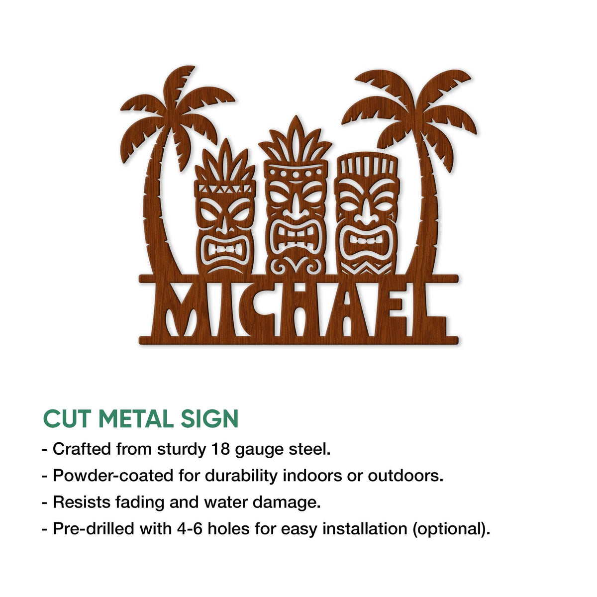 Tiki bar wall sign featuring three tiki faces and palm tree silhouettes with product details