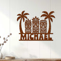 Tropical tiki metal sign displayed on a white paneled wall above a console