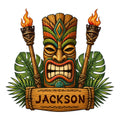Custom tiki bar metal sign featuring a colorful tiki mask, flaming torches, tropical leaves, and a wood-style plaque