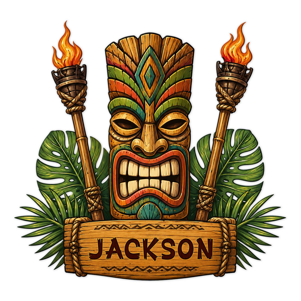 Custom tiki bar metal sign featuring a colorful tiki mask, flaming torches, tropical leaves, and a wood-style plaque