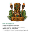 Tiki bar metal sign shown with a carved-style tiki mask, tropical foliage, flaming torches, and product feature details