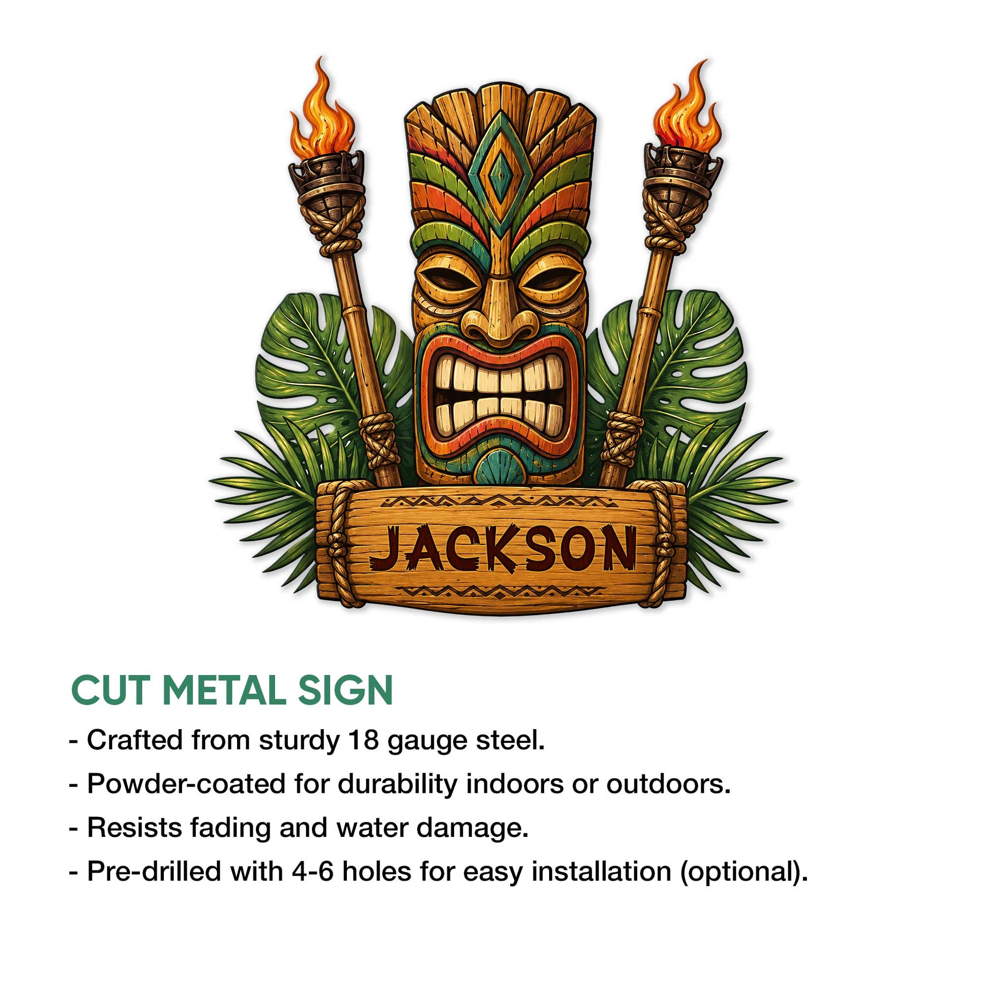 Tiki bar metal sign shown with a carved-style tiki mask, tropical foliage, flaming torches, and product feature details