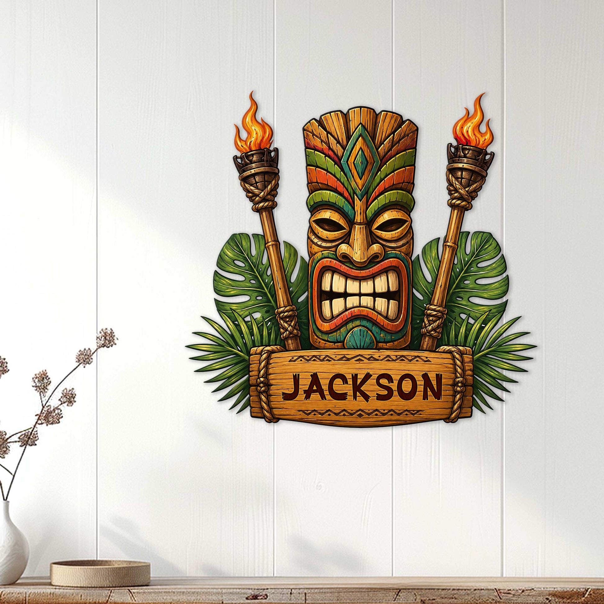 Tropical tiki bar wall decor displayed on a light wood wall above a console, featuring a bold tiki mask and torches