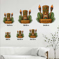 Tiki bar metal sign size guide showing multiple square size options in a bright tropical mask design