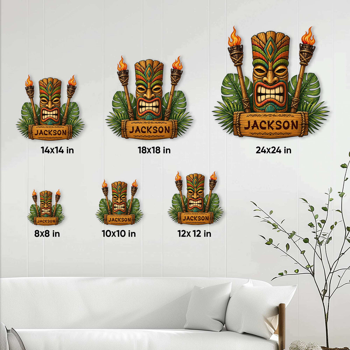 Tiki bar metal sign size guide showing multiple square size options in a bright tropical mask design