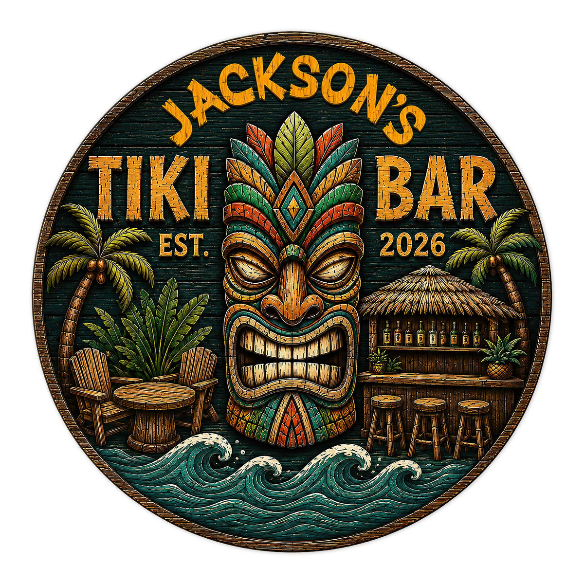 Custom tiki bar metal sign featuring a colorful carved mask, palm trees, tropical bar, and ocean waves