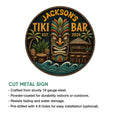 Tiki bar metal sign shown with cut-metal construction details and indoor or outdoor display notes
