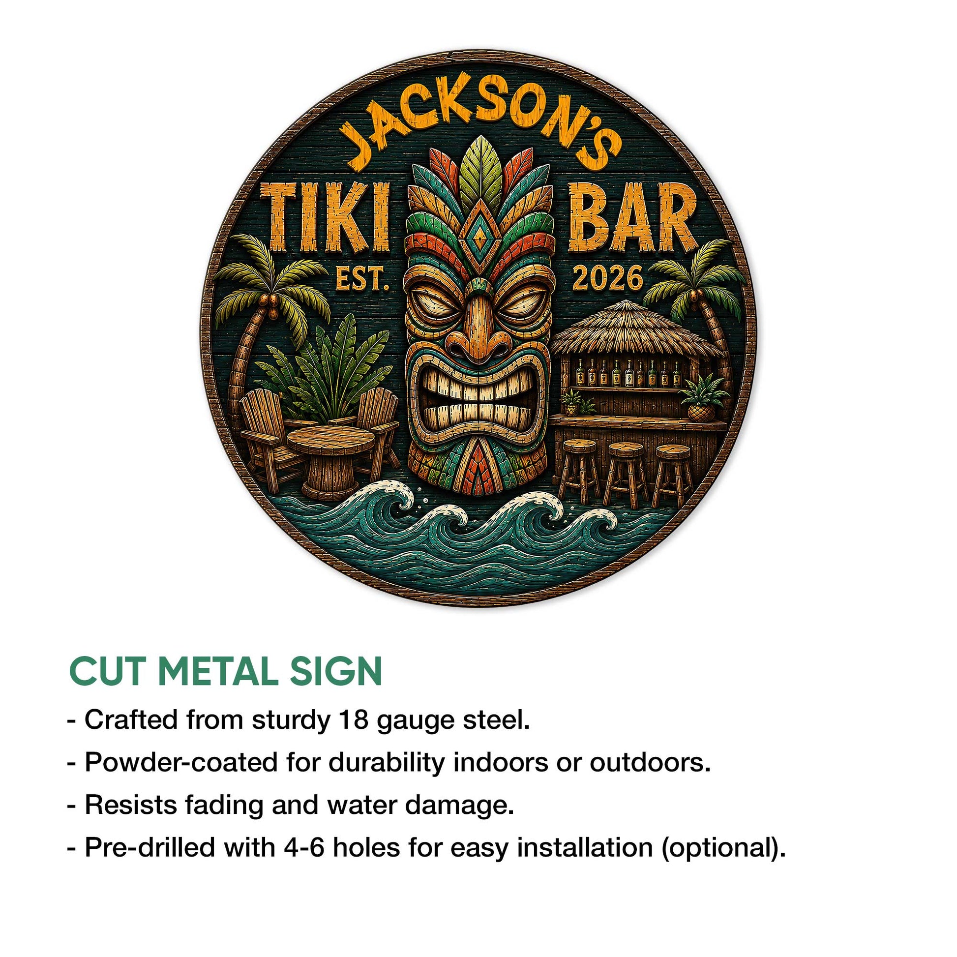 Tiki bar metal sign shown with cut-metal construction details and indoor or outdoor display notes