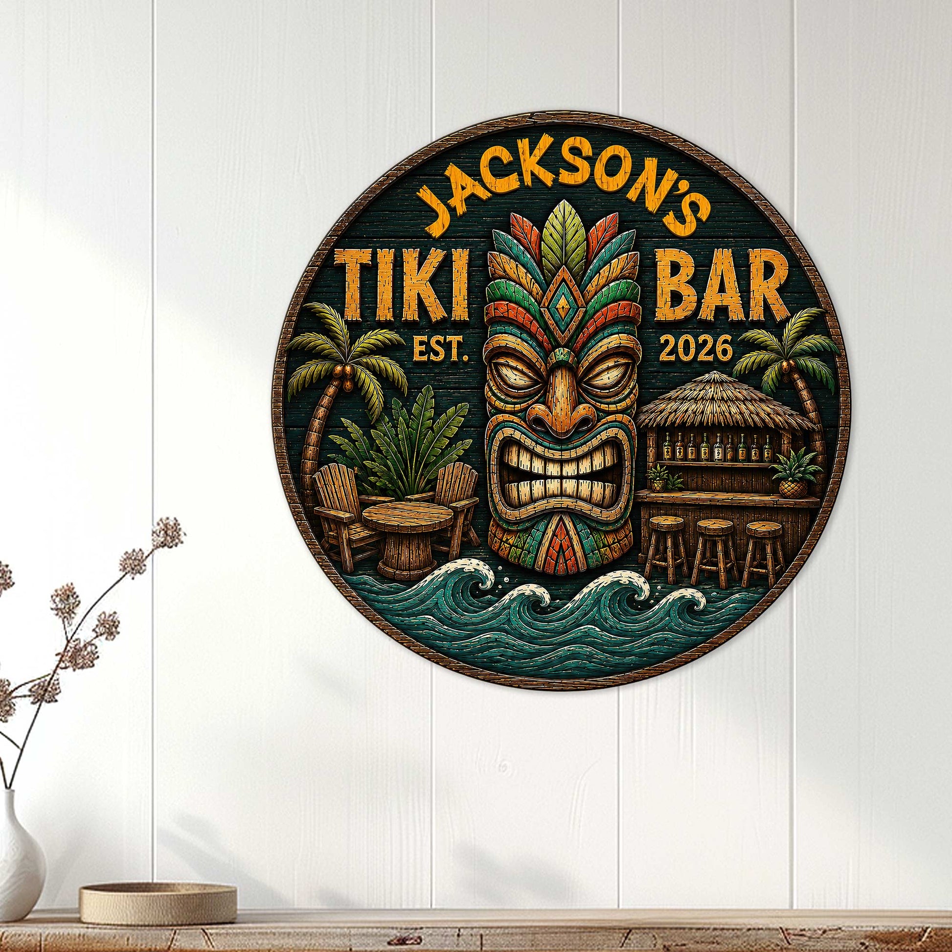 Tropical tiki bar wall sign displayed on a light paneled wall above a console table