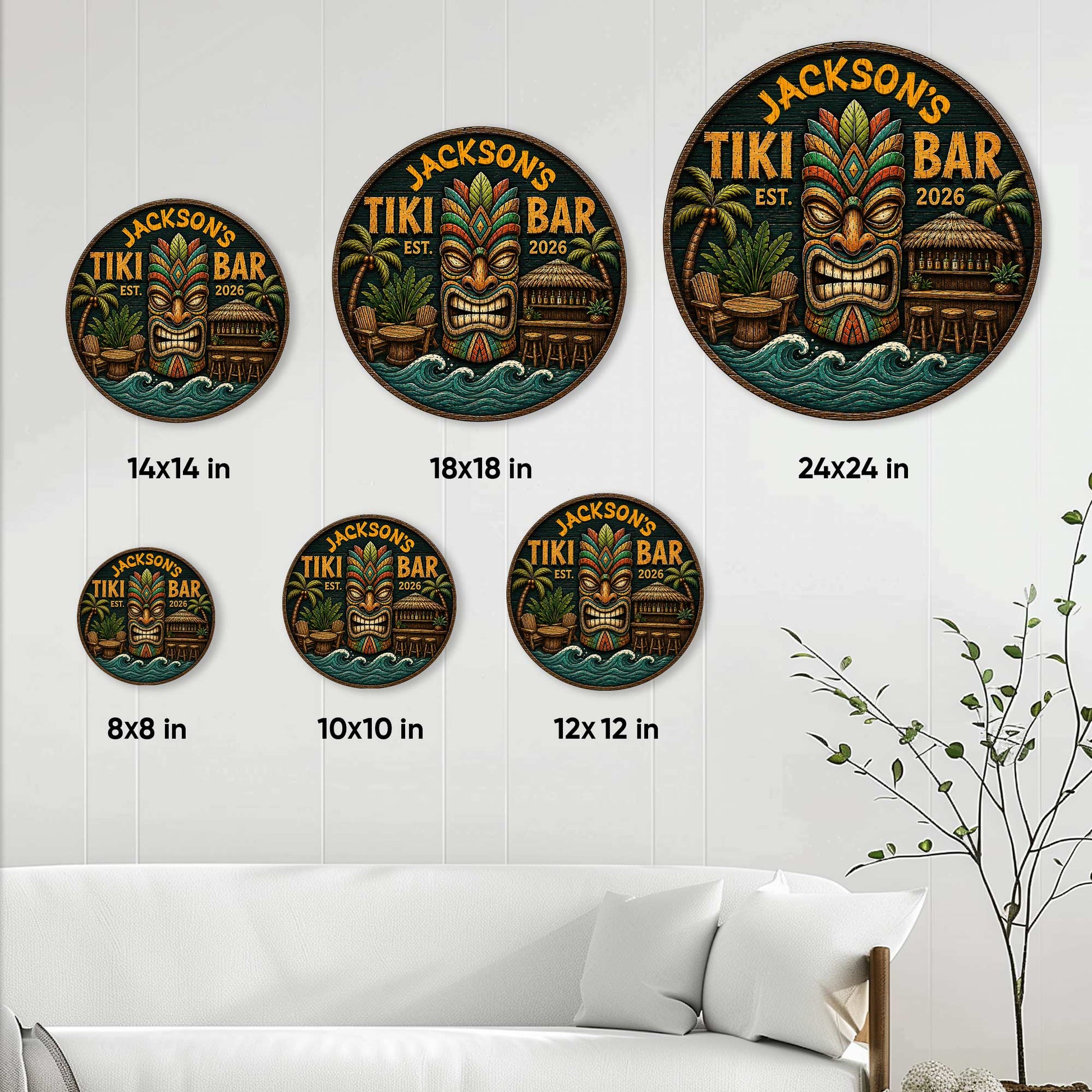 Tiki bar metal sign size guide showing round options from 8 to 24 inches in a living room setting