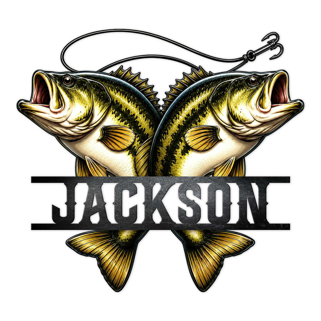 Custom fishing metal sign featuring two detailed largemouth bass beneath a fishing hook design