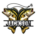 Custom fishing metal sign featuring two detailed largemouth bass beneath a fishing hook design