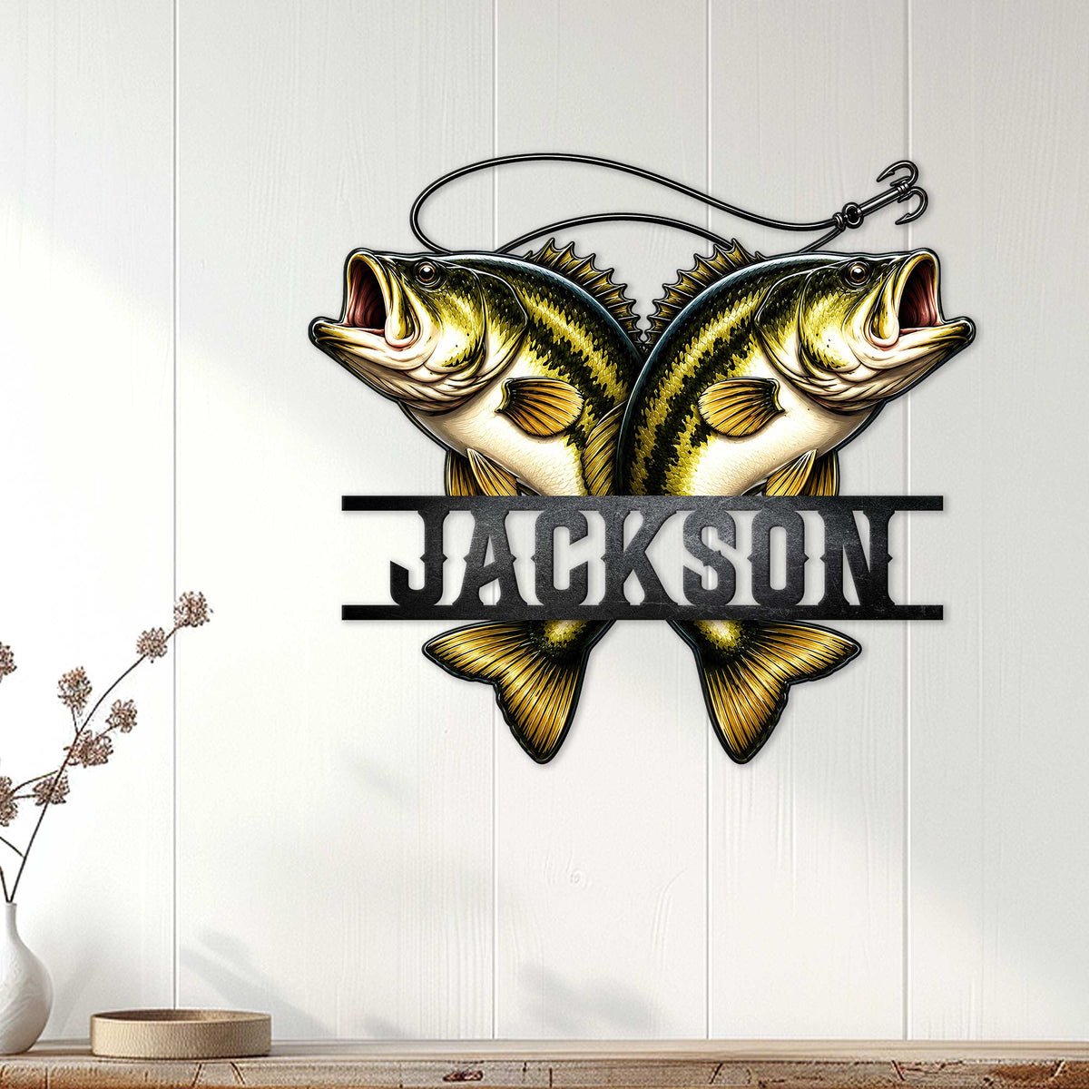 Custom bass fishing metal sign displayed as wall decor on a light wood-paneled wall