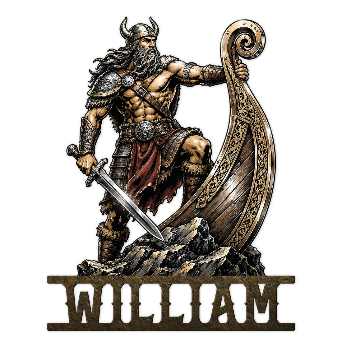 Custom Viking metal sign featuring an armored Norse warrior with a sword, ornate shield, and rugged mountain base