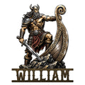 Custom Viking metal sign featuring an armored Norse warrior with a sword, ornate shield, and rugged mountain base