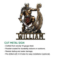 Viking warrior cut metal sign shown with a sword, decorated shield, and product feature information