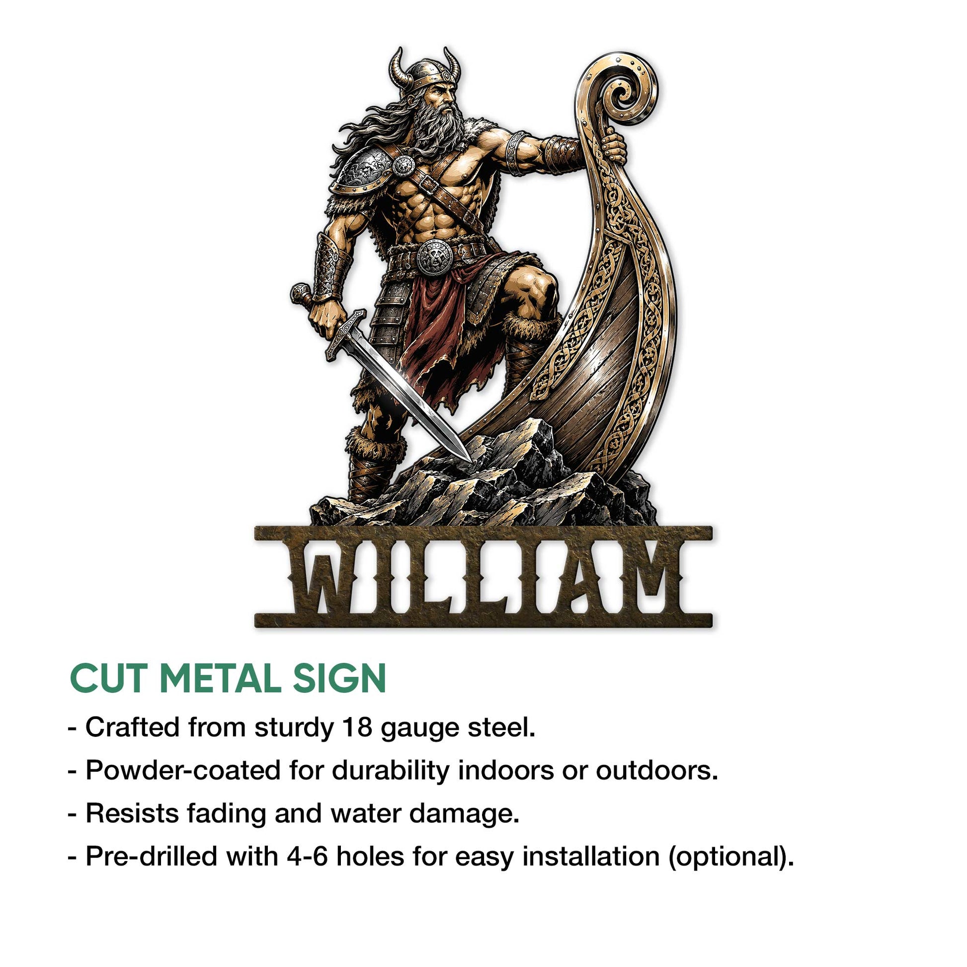 Viking warrior cut metal sign shown with a sword, decorated shield, and product feature information