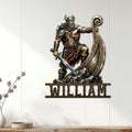 Norse warrior metal wall sign displayed on a light wood-paneled wall in a home decor setting