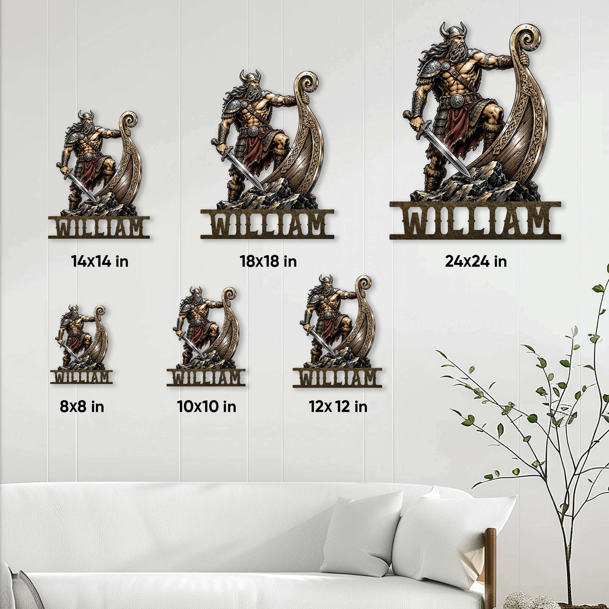 Viking warrior metal sign size guide showing available square sizes from 8 by 8 to 24 by 24 inches