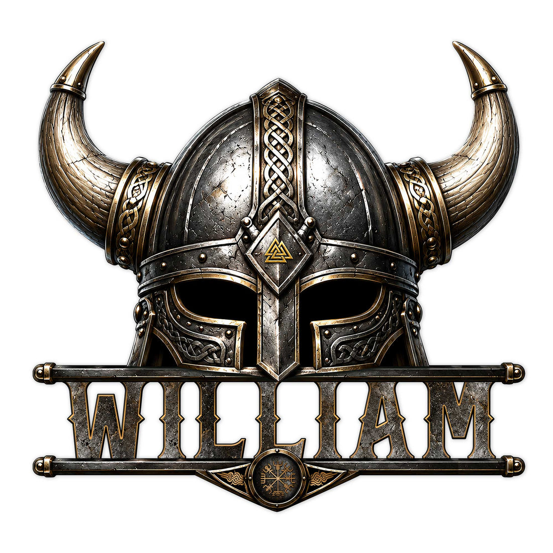 Viking metal sign featuring an ornate horned helmet, Norse knotwork, and a bold custom name design