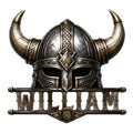 Viking metal sign featuring an ornate horned helmet, Norse knotwork, and a bold custom name design
