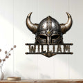Viking helmet metal sign displayed as statement wall decor on a light wood-paneled wall