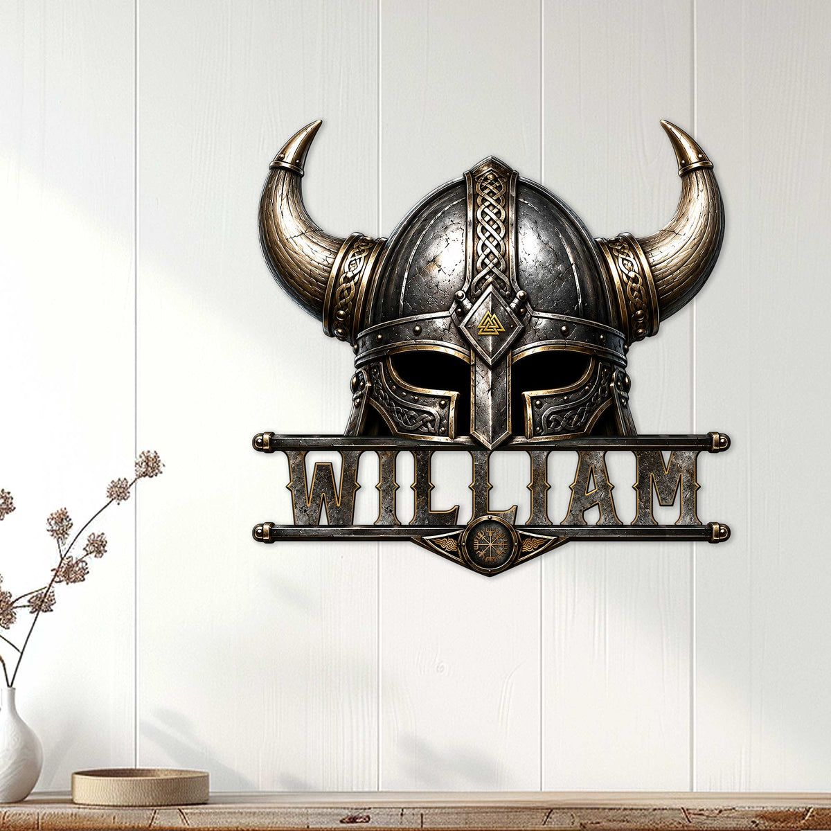 Viking helmet metal sign displayed as statement wall decor on a light wood-paneled wall