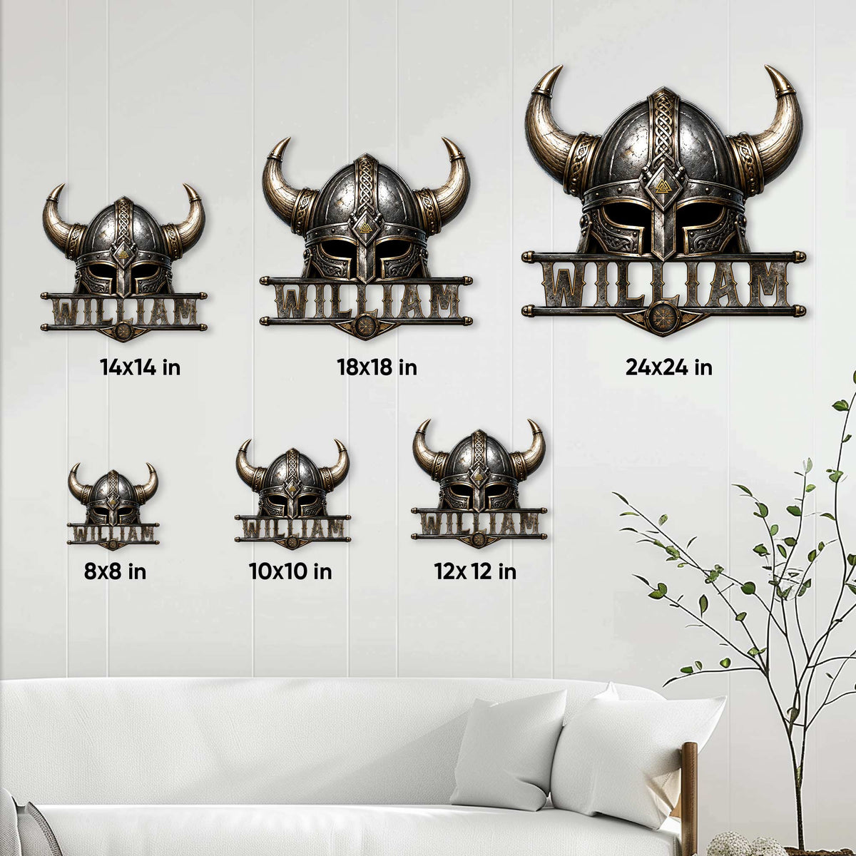Viking metal sign size guide showing available square sizes from 8 by 8 to 24 by 24 inches