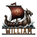 Custom Viking metal sign featuring a dragon-headed longship with a richly detailed sail, shields, and ocean waves