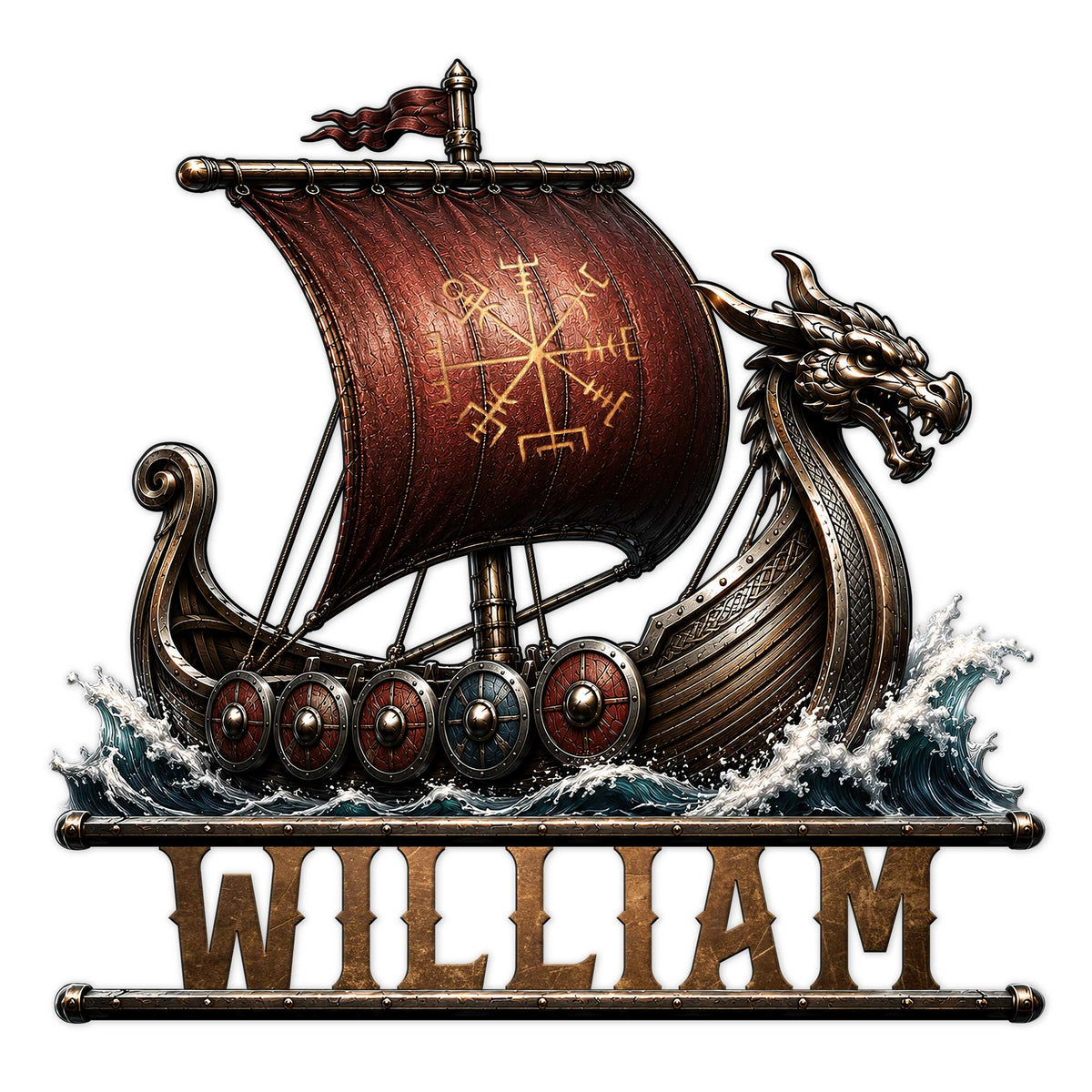 Custom Viking metal sign featuring a dragon-headed longship with a richly detailed sail, shields, and ocean waves