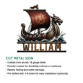 Viking longship metal sign feature graphic showing a dragon-headed ship with Norse-inspired detailing and shield accents
