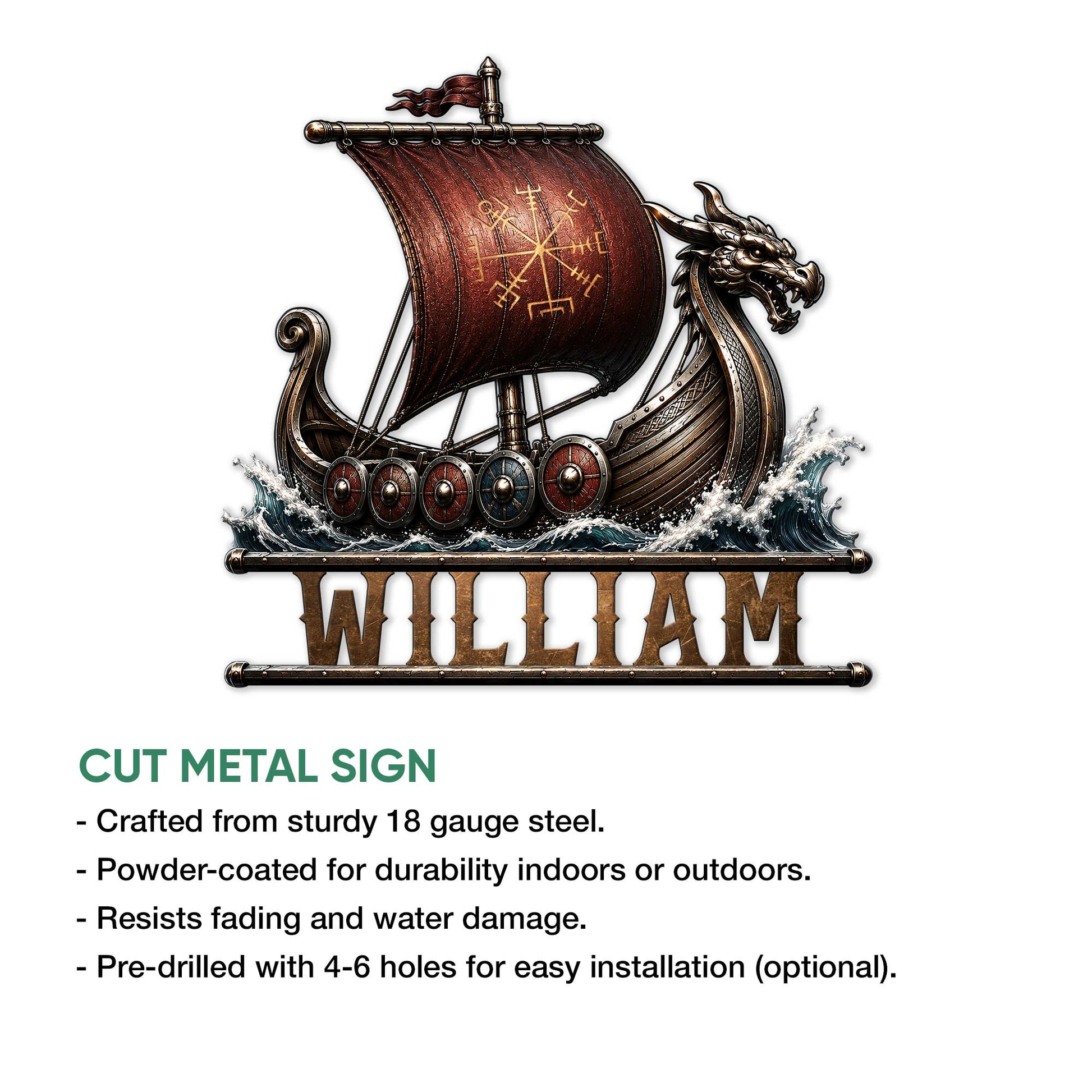 Viking longship metal sign feature graphic showing a dragon-headed ship with Norse-inspired detailing and shield accents