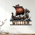 Viking longship wall sign displayed on a light wood wall as dramatic Norse-inspired home decor