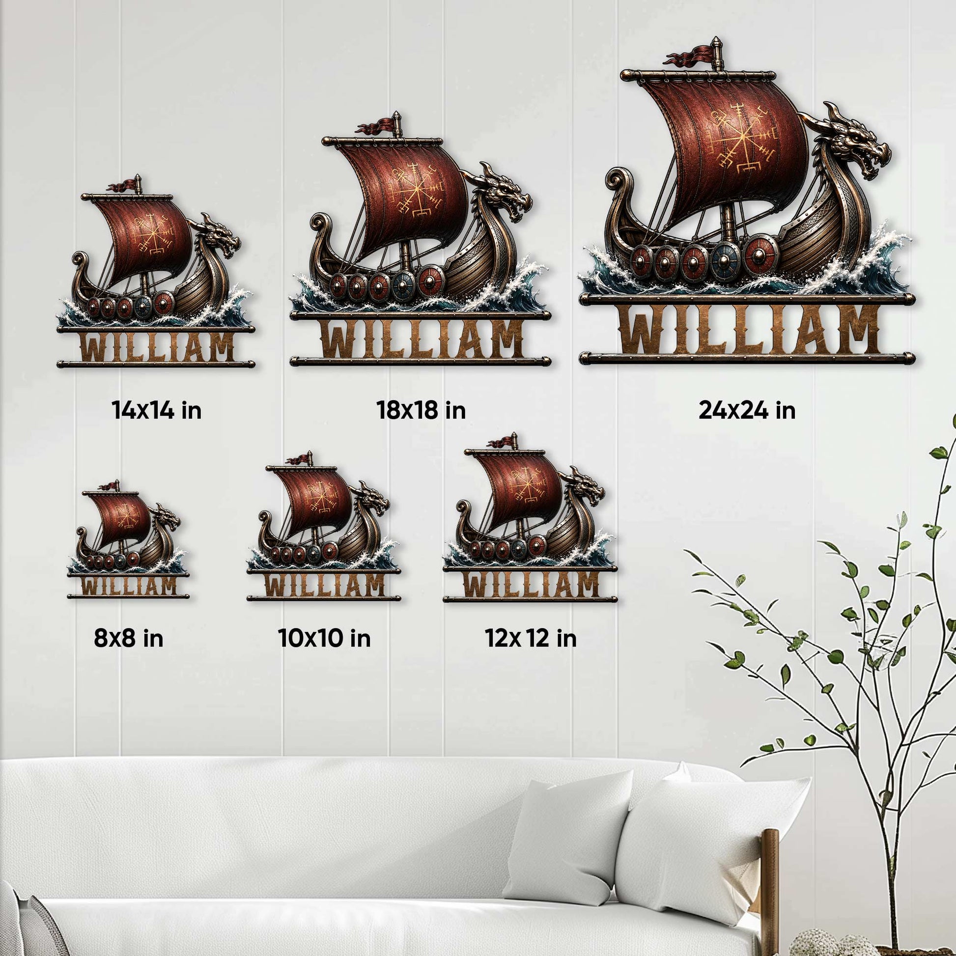 Viking metal sign size guide showing multiple square size options for the dragon longship wall design
