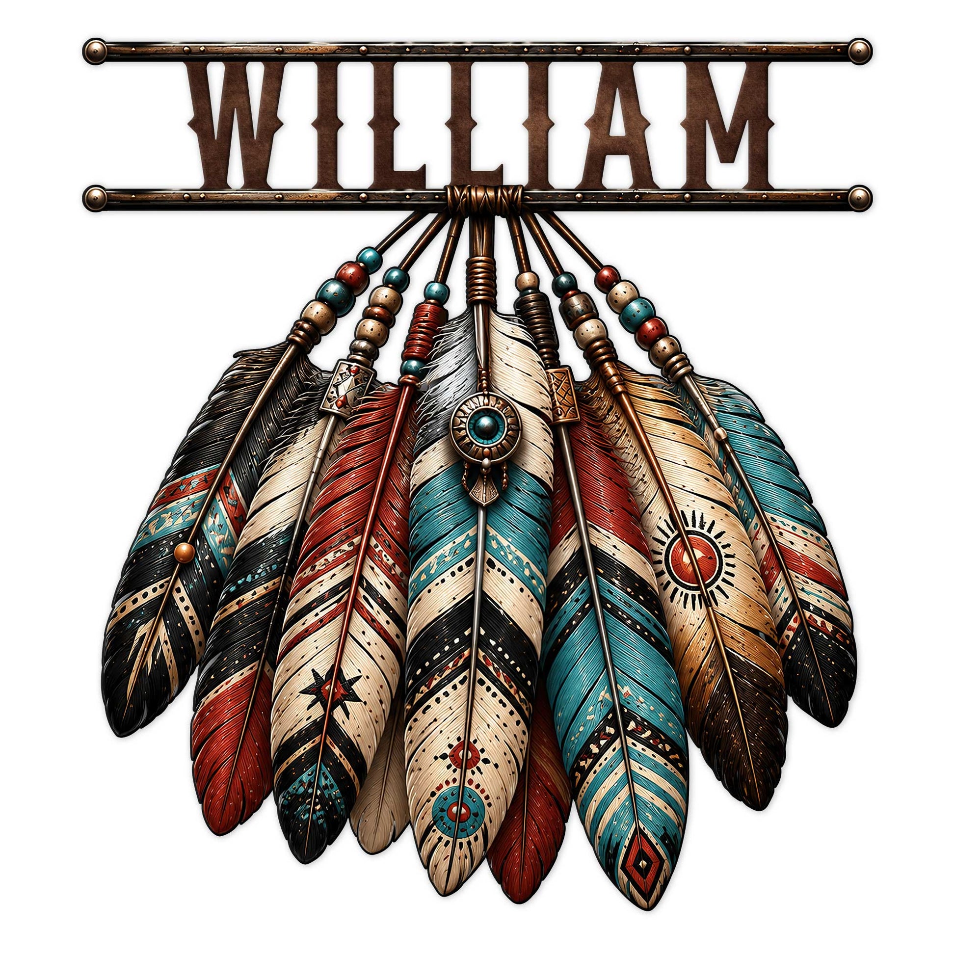 Native American-inspired feather metal sign with colorful beaded accents and a bold rustic wall decor design